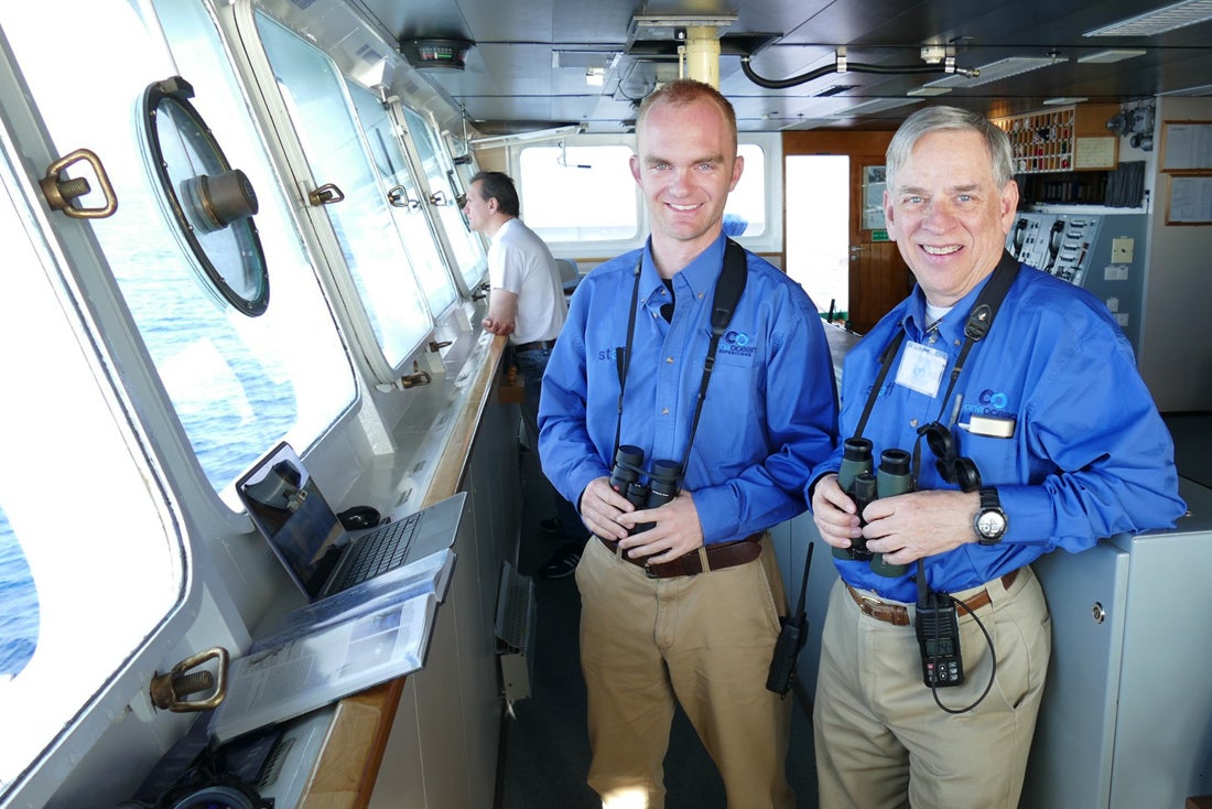 Noah with Steve Bailey aboard the Akademik Ioffe. Noah Strycker