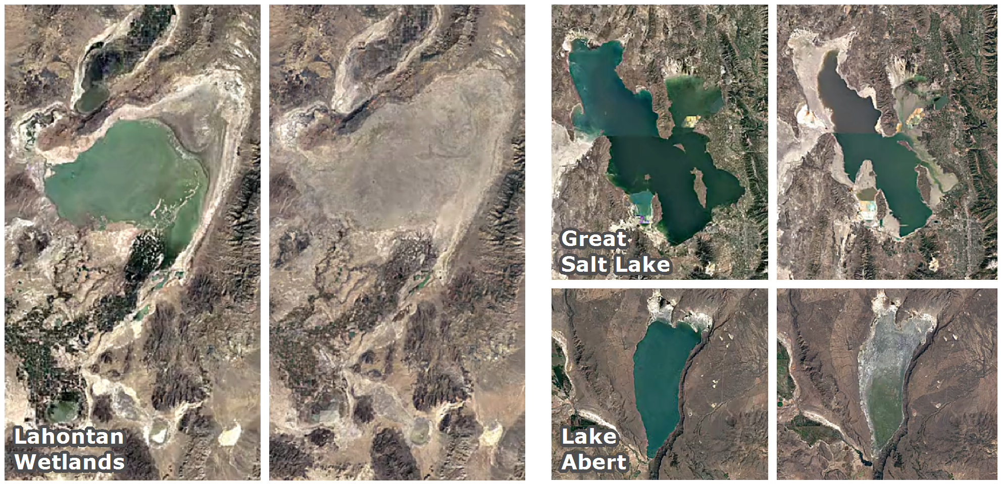 Side-by-side comparisons of satellite imagery for selected saline lakes in 1985 and 2015; two years separated in time for which precipitation across the western U.S. was similar for a two-year period (1984-85 and 2014-15). Photos: Google Earth