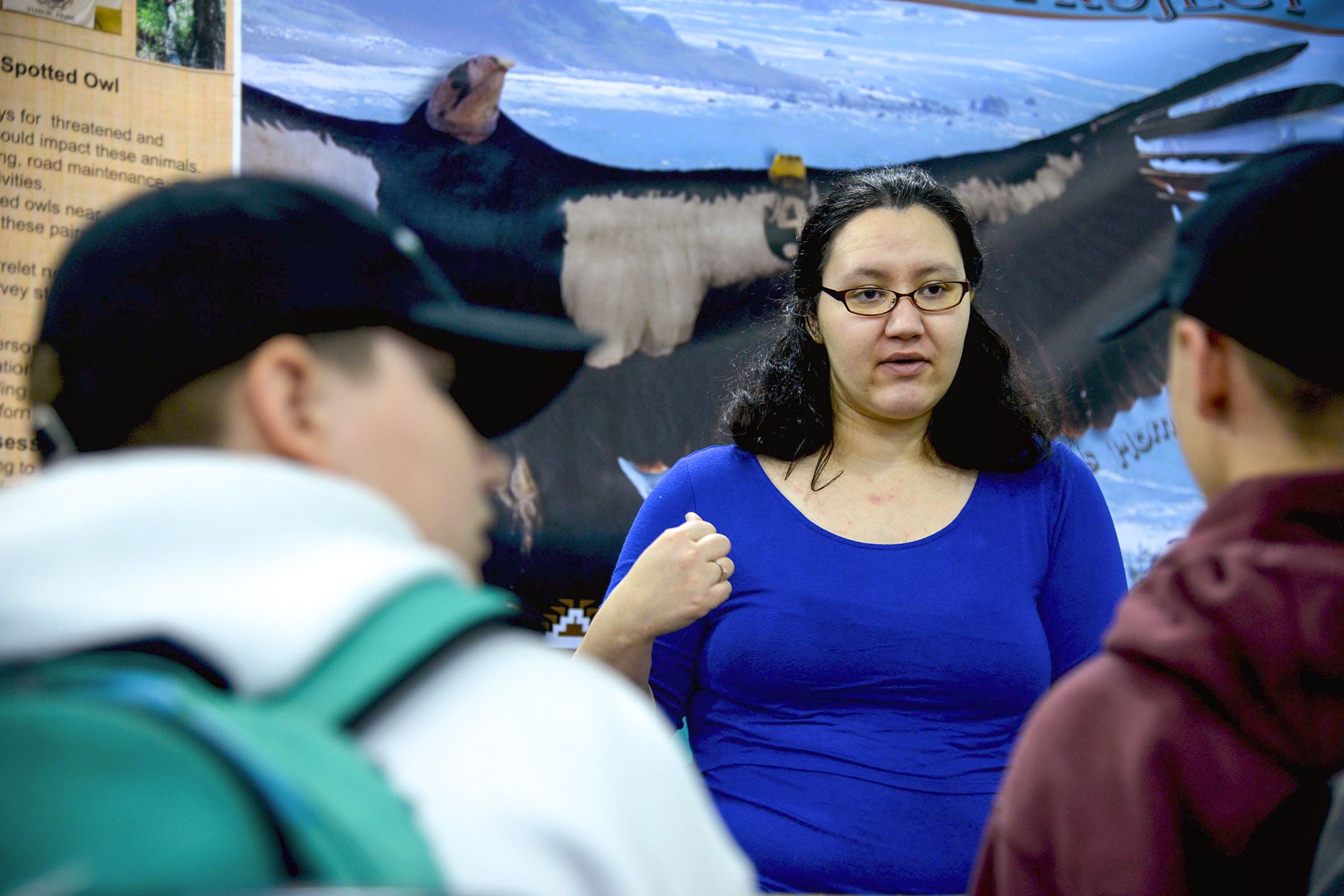 Tiana Williams, the Director of the Yurok Wildlife Department, informs local students about how to become wildlife biologists at a career and college readiness fair put by the Tribe. Matt Mais/Yurok Tribe