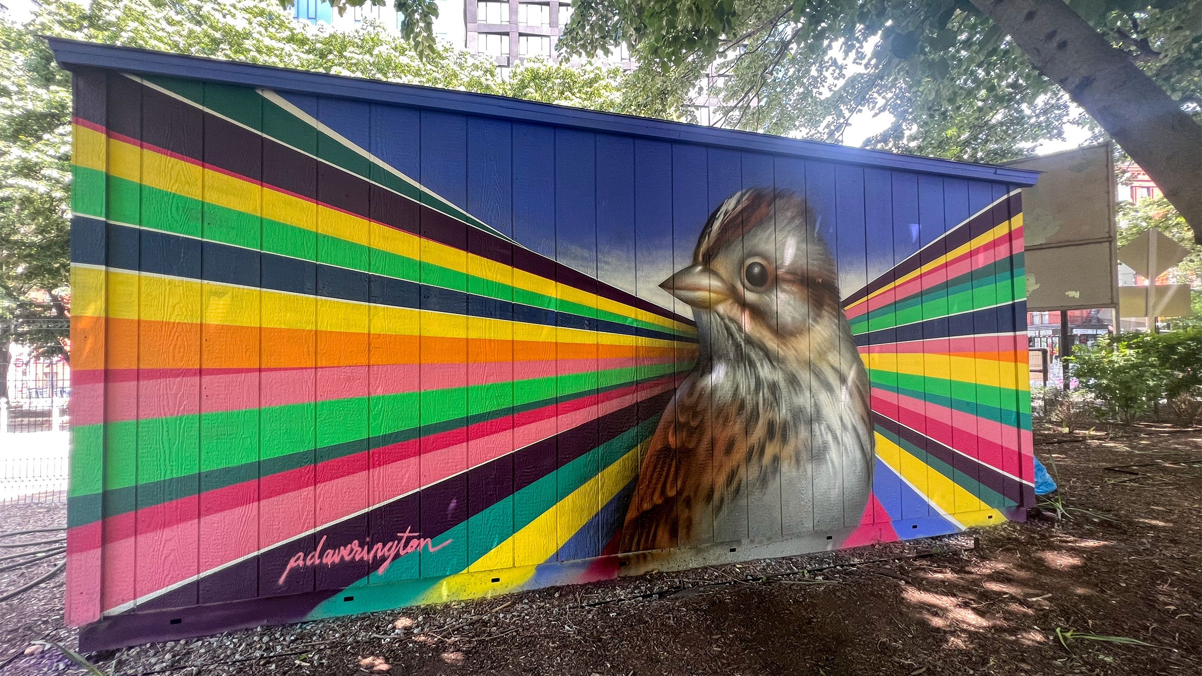 Painting of a sparrow with brightly colored stripes behind it on a wall in a park.