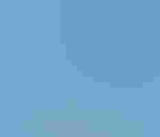 A bald eagle flies over a blue sky.