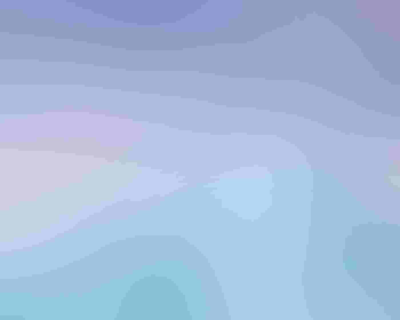 An Ivory Gull perches atop a brilliant blue iceberg, looking up at an Arctic Tern soaring overhead. The blue of the iceberg contrasts with the purple-gray cloudy sky.