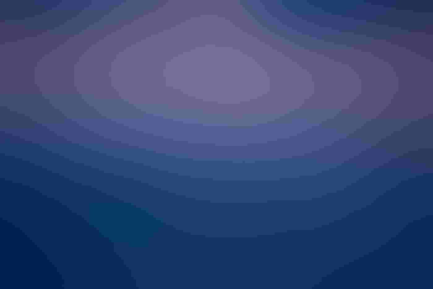 A Great Horned Owl faces forward, perched on the center branch of a sparse, dead treetop. The other branches splay out left and right in a V formation. Layered blue and purple storm clouds loom in the background.