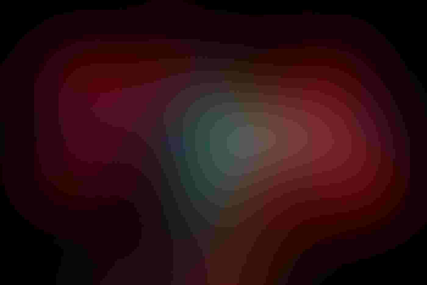 A Ruby-throated Hummingbird, its green iridescent back in view, feeds on a bright red flower. The flower is in sharp contrast to a dark background. The bird’s feathers look like scales in colors that range from bright blue to emerald green.