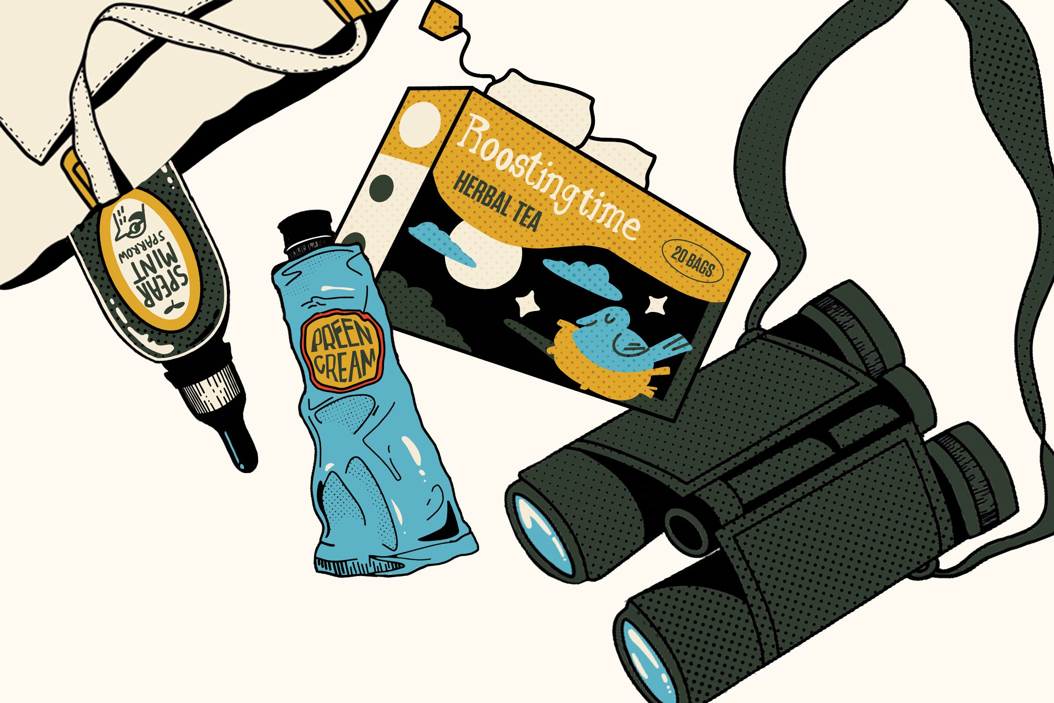 Illustration of bird-themed self-care products spilling out of a bag.