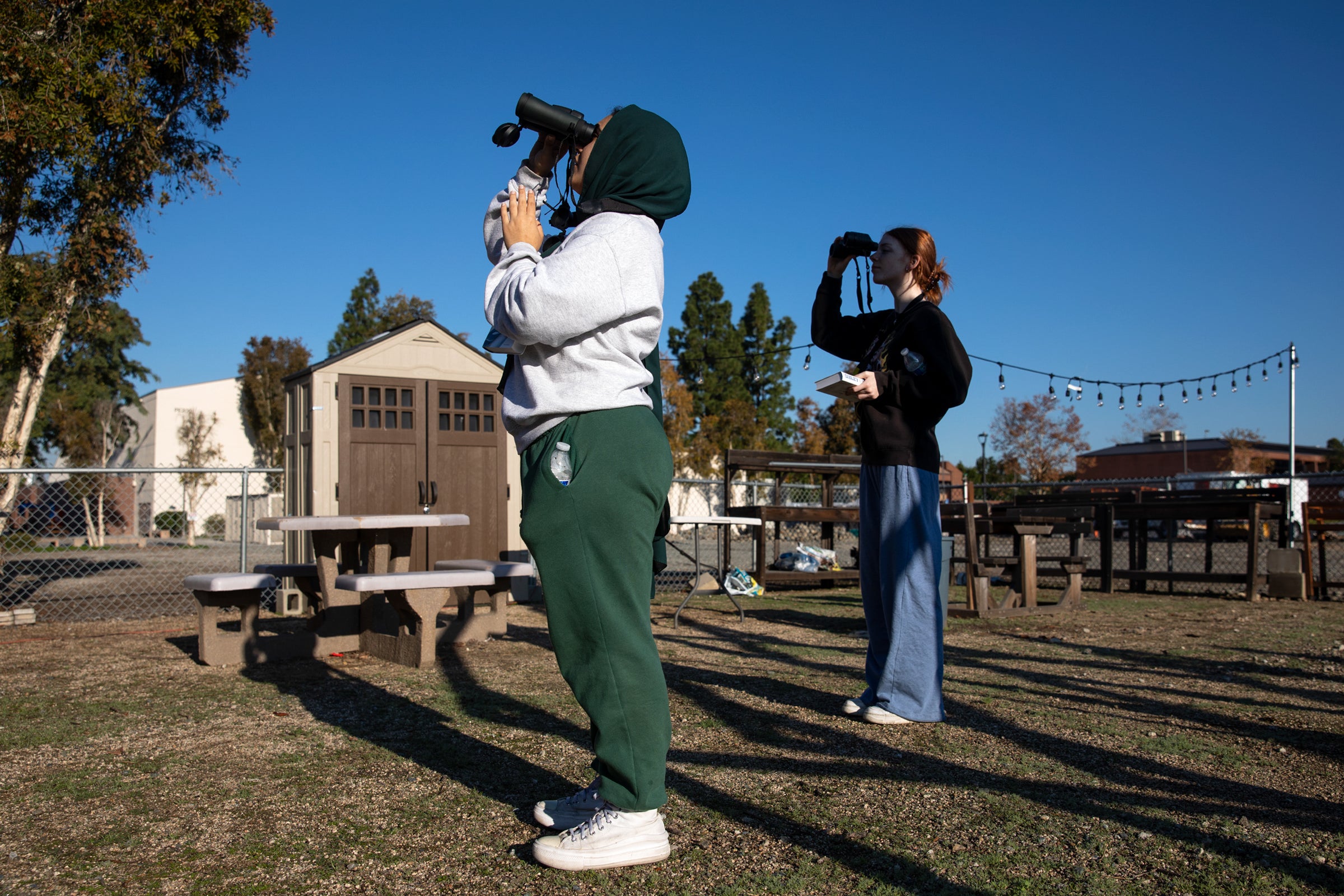 Two college students peer through binoculars toward a tree out of the frame. 