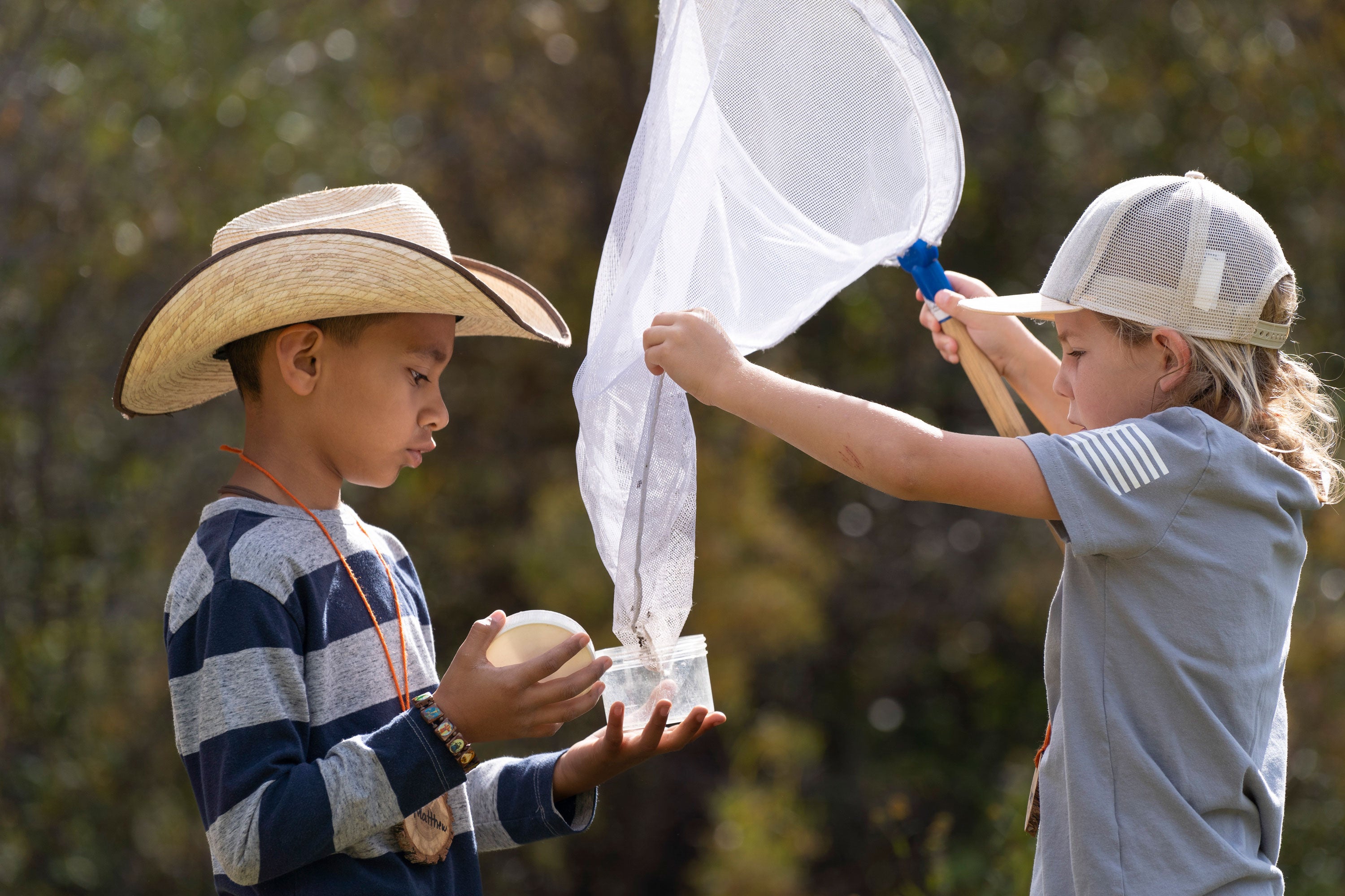 Two children take bugs out of a net.