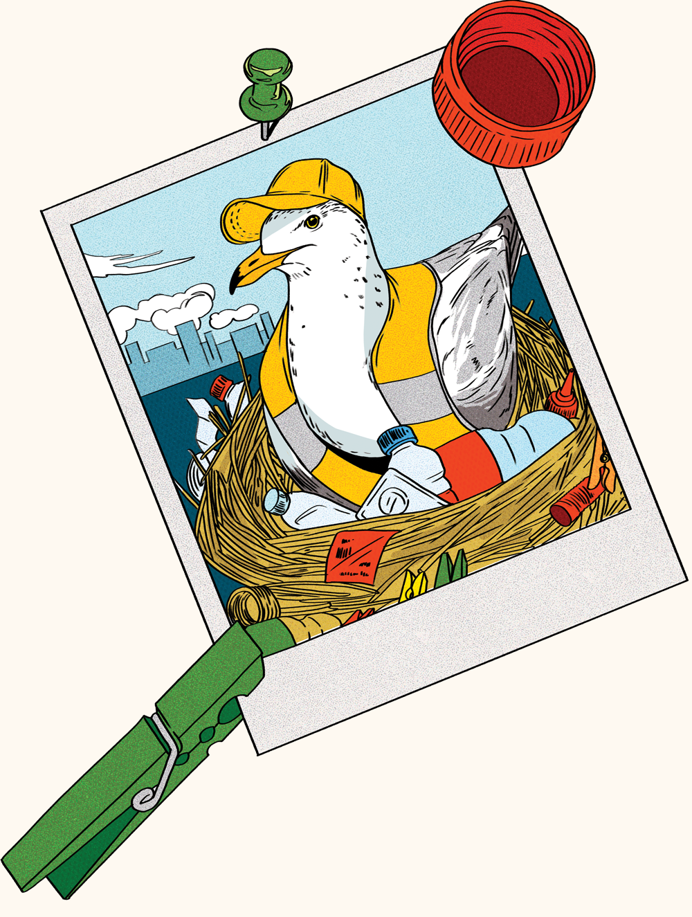 Illustration of a gull wearing a yellow vest and hat, sitting in a nest full of trash.