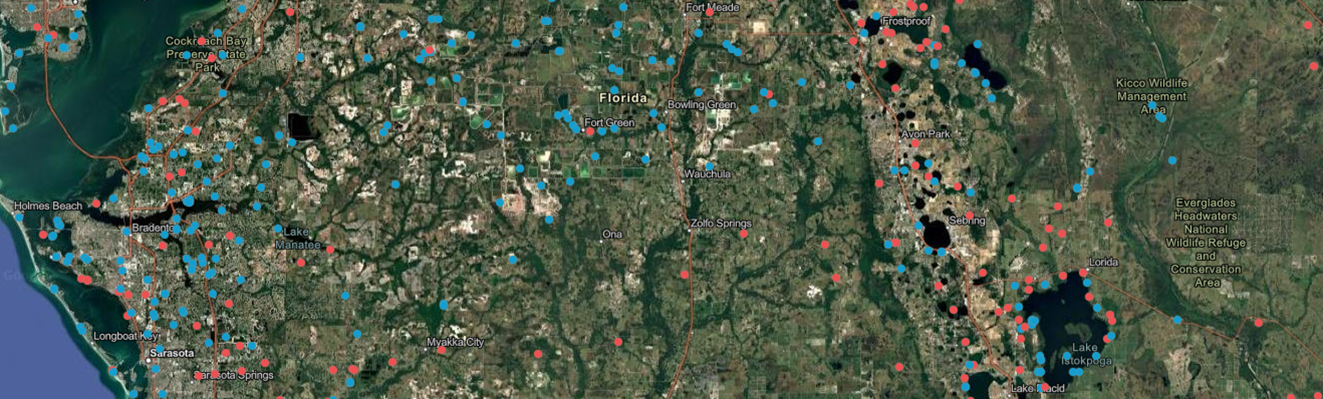 A portion of the EagleWatch map of Florida with dots for each nest.