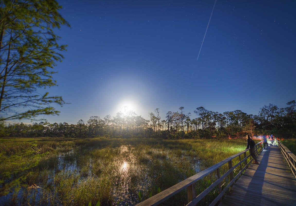 People on a boardwalk at night with moonrise
