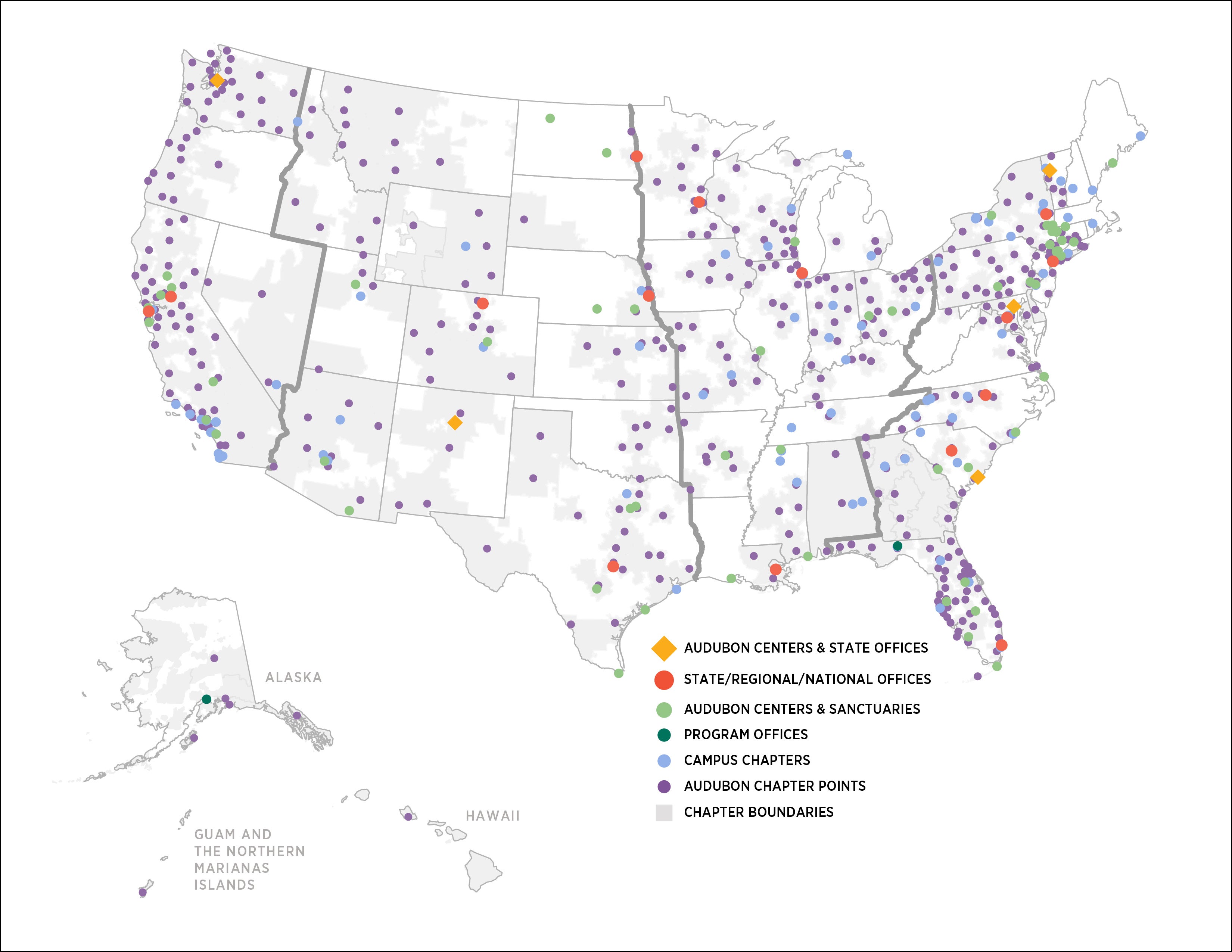 Map of the United States with Audubon network locations highlighted