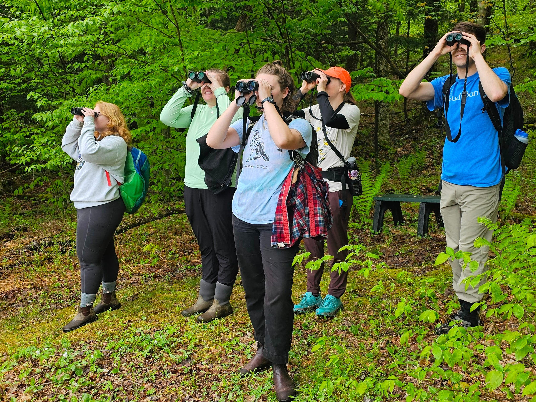 A group of young adults gathered on a forested trail, each looking through their binoculars.