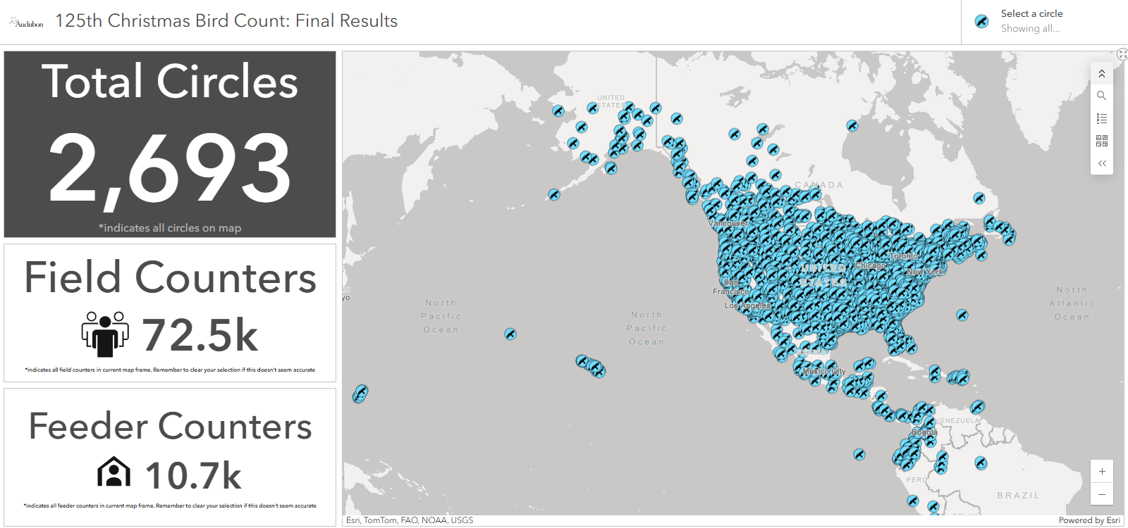 Dashboard map of 125th CBC circles
