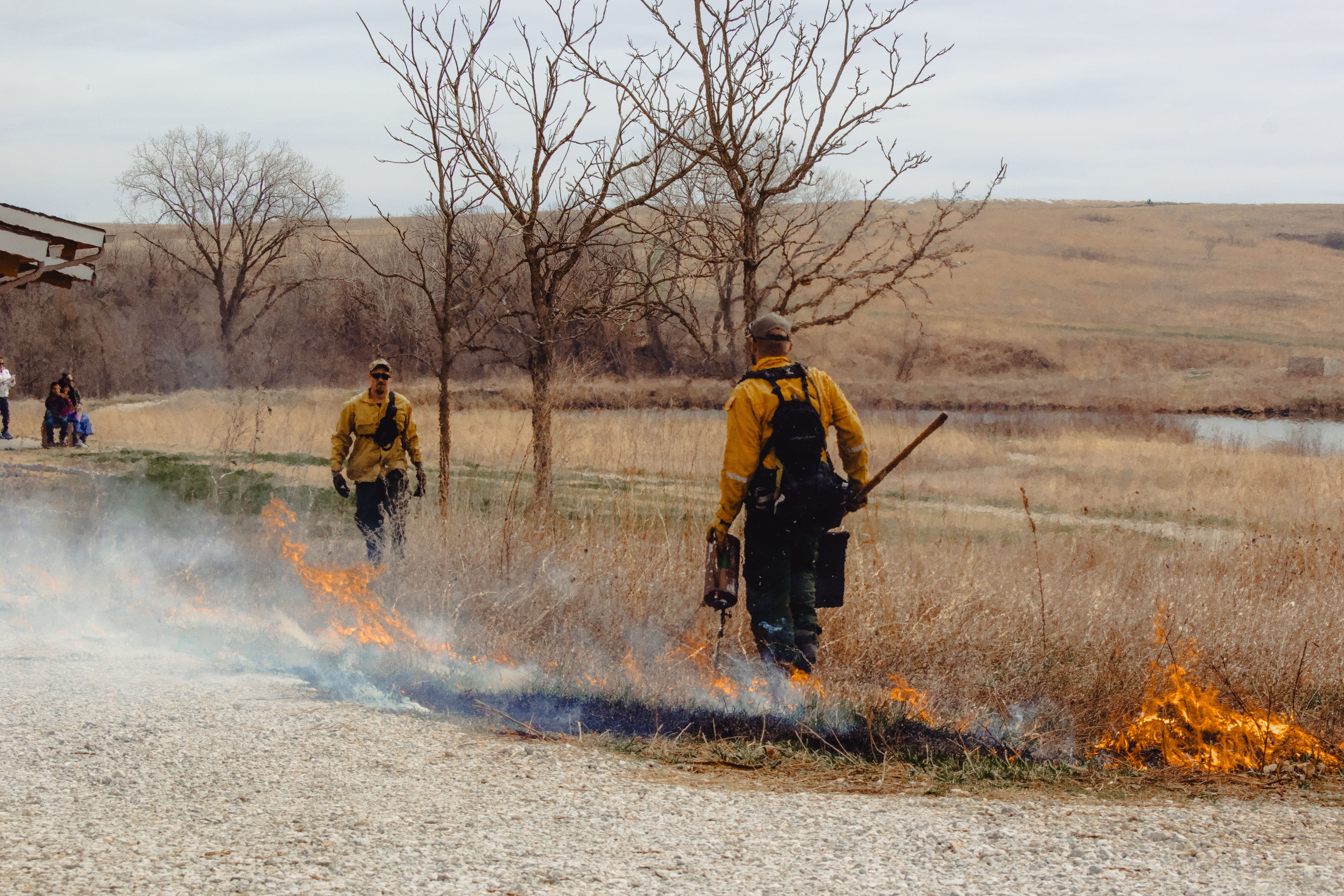 Workers on a prescribed burn at Spring Creek Prairie