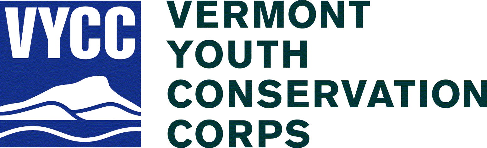Vermont Youth Conservation Corps written in black text. To the right of the text is a blue square with VYCC written in white letters above an outline of Camel's Hump. 
