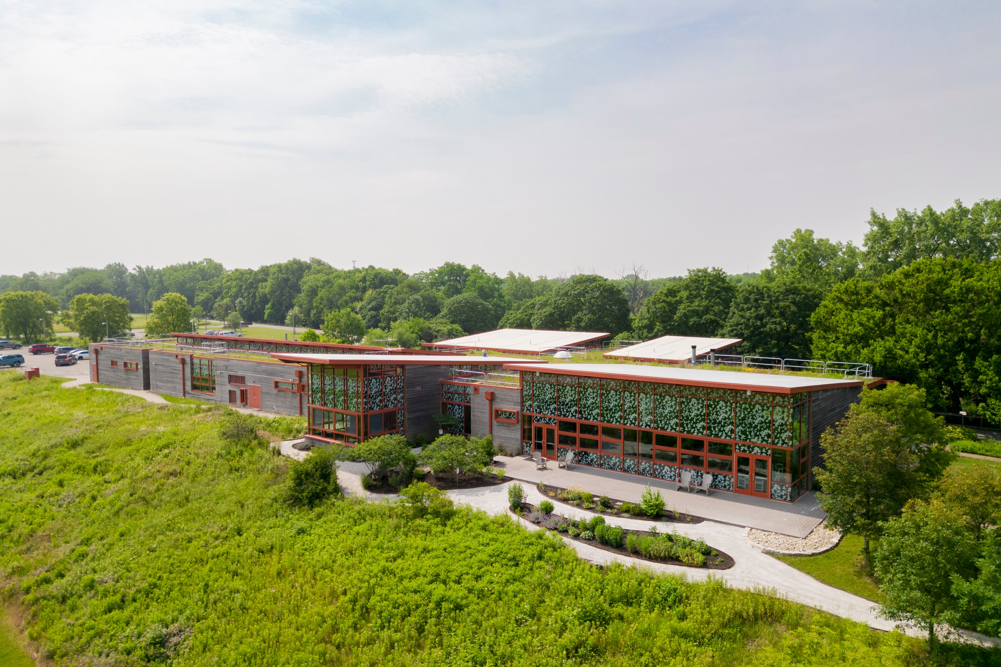 A view of Grange Insurance Audubon Center and the surrounding gardens and prairie.