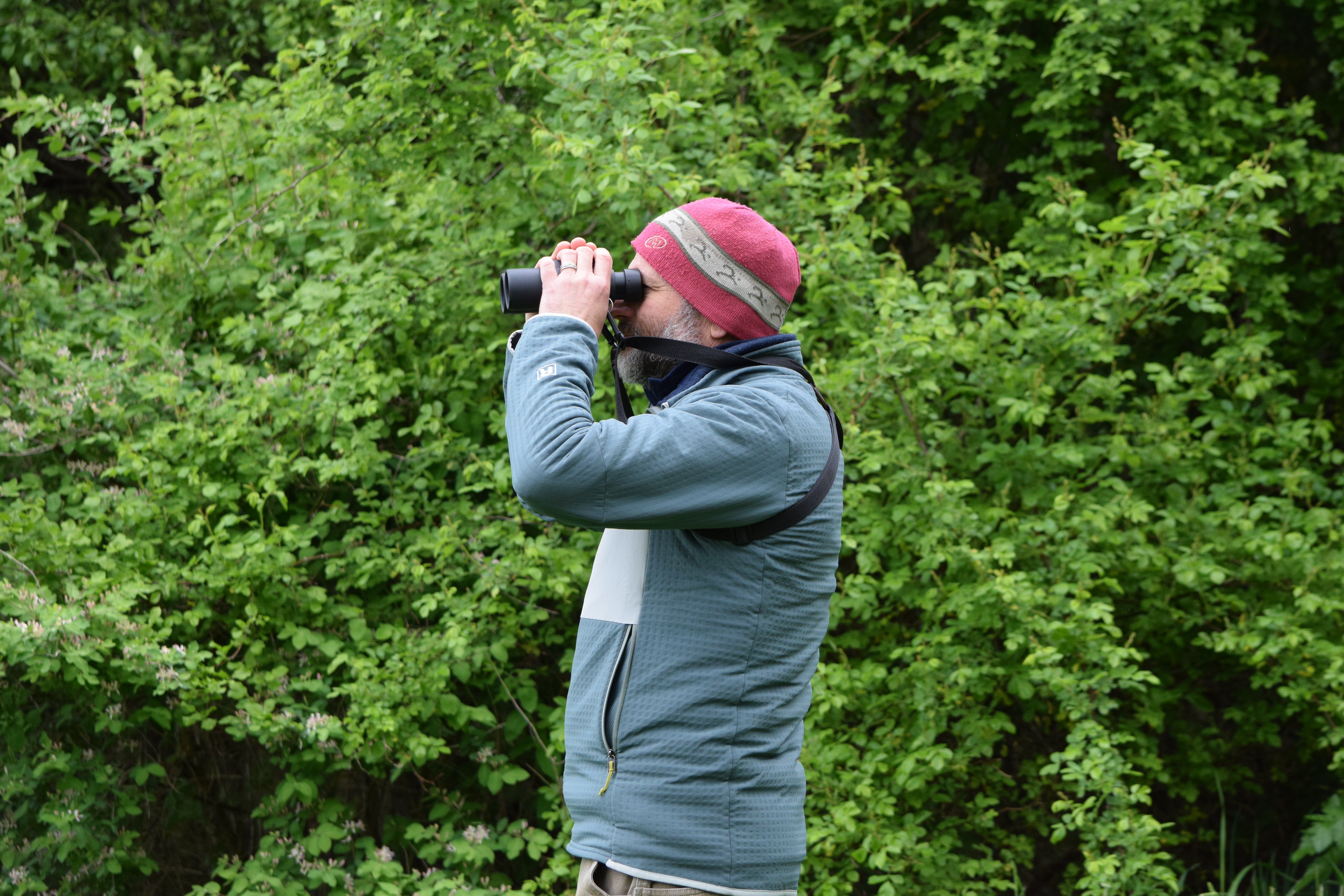 A man wearing a green sweatshirt and red beanie hat looks to the left through binoculars.