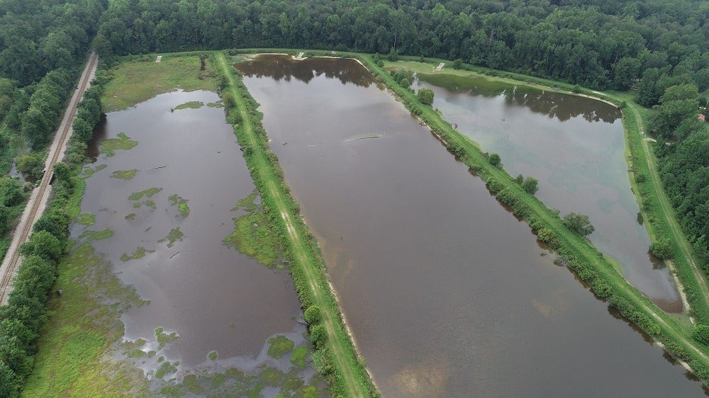 An arial view of three rectangular ponds with trails along the edges