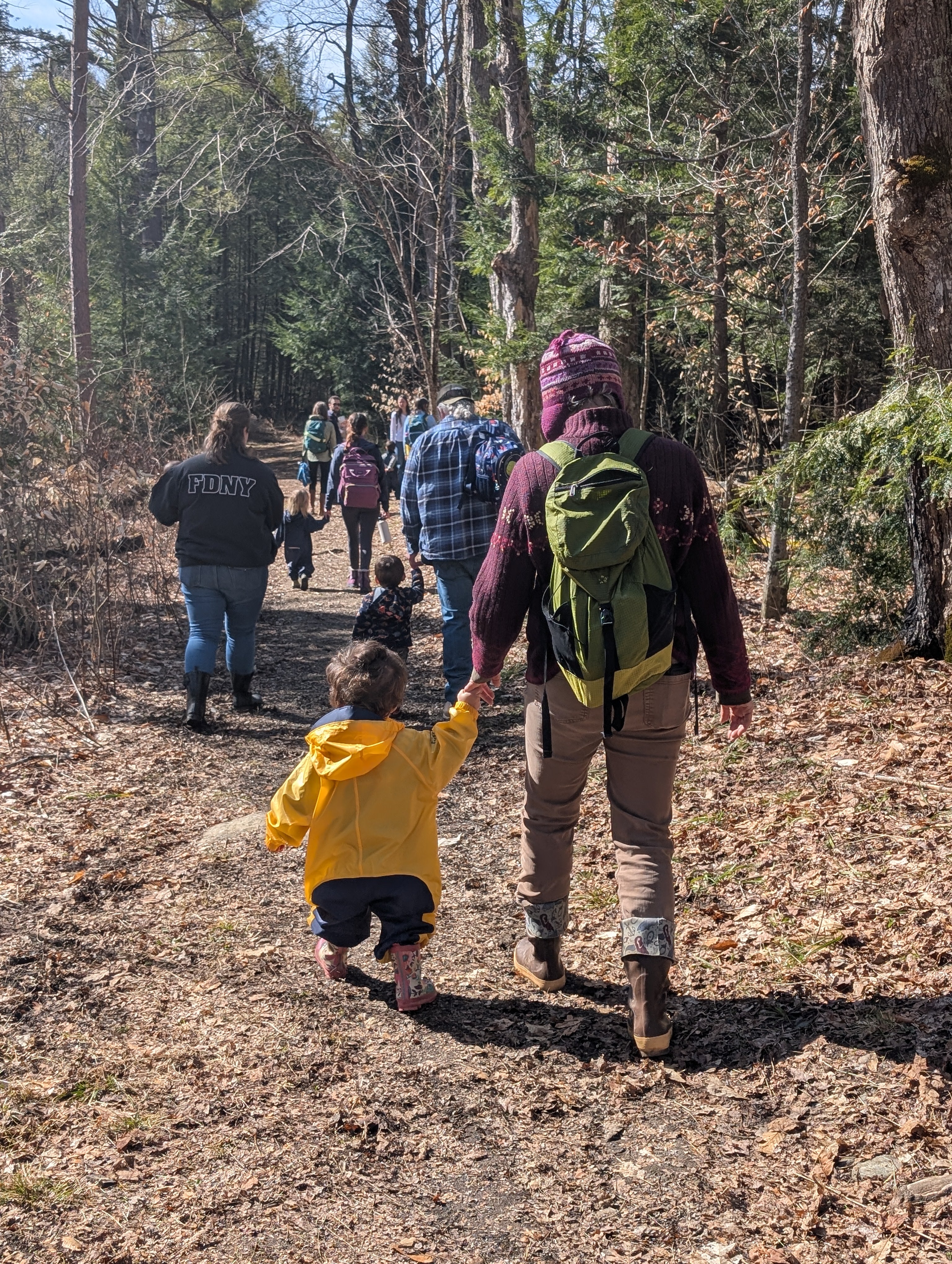 A parent and child in a yellow rain jacket walk down a wooded trail with other parents and kids. 