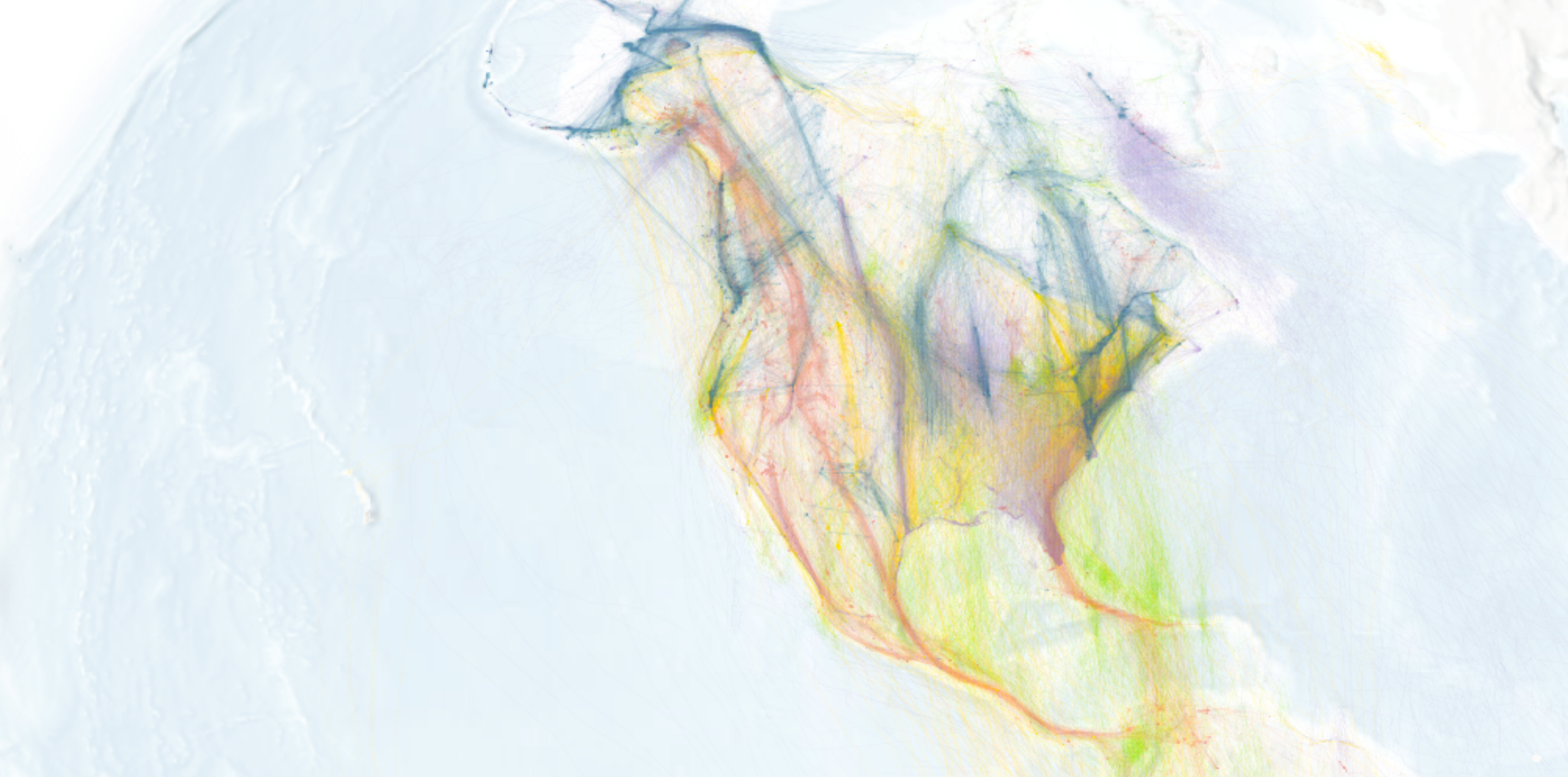 Abstract map showing colorful, overlapping migration pathways of birds across North, Central, and South America, with dense clusters of routes indicating major movement corridors.