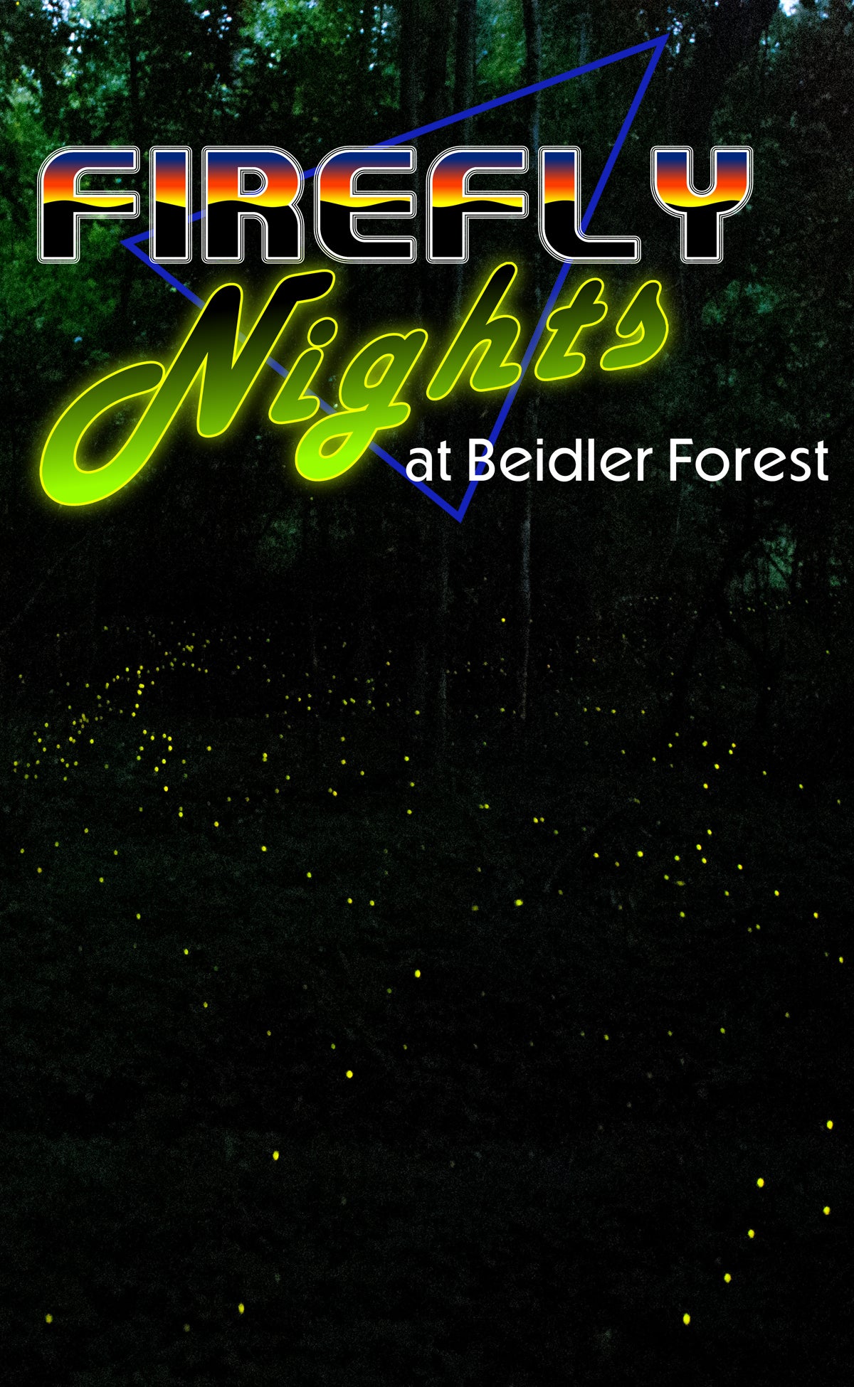The Firefly Nights Logo above a dark forest with syncronous fireflies leave dotted trails of yellow-green flashes
