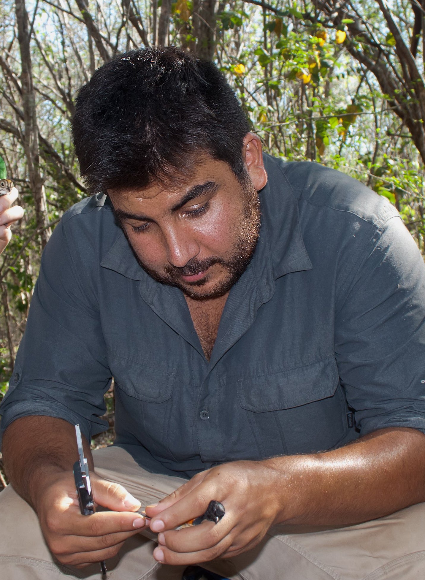 A man holding a tool and a small bird