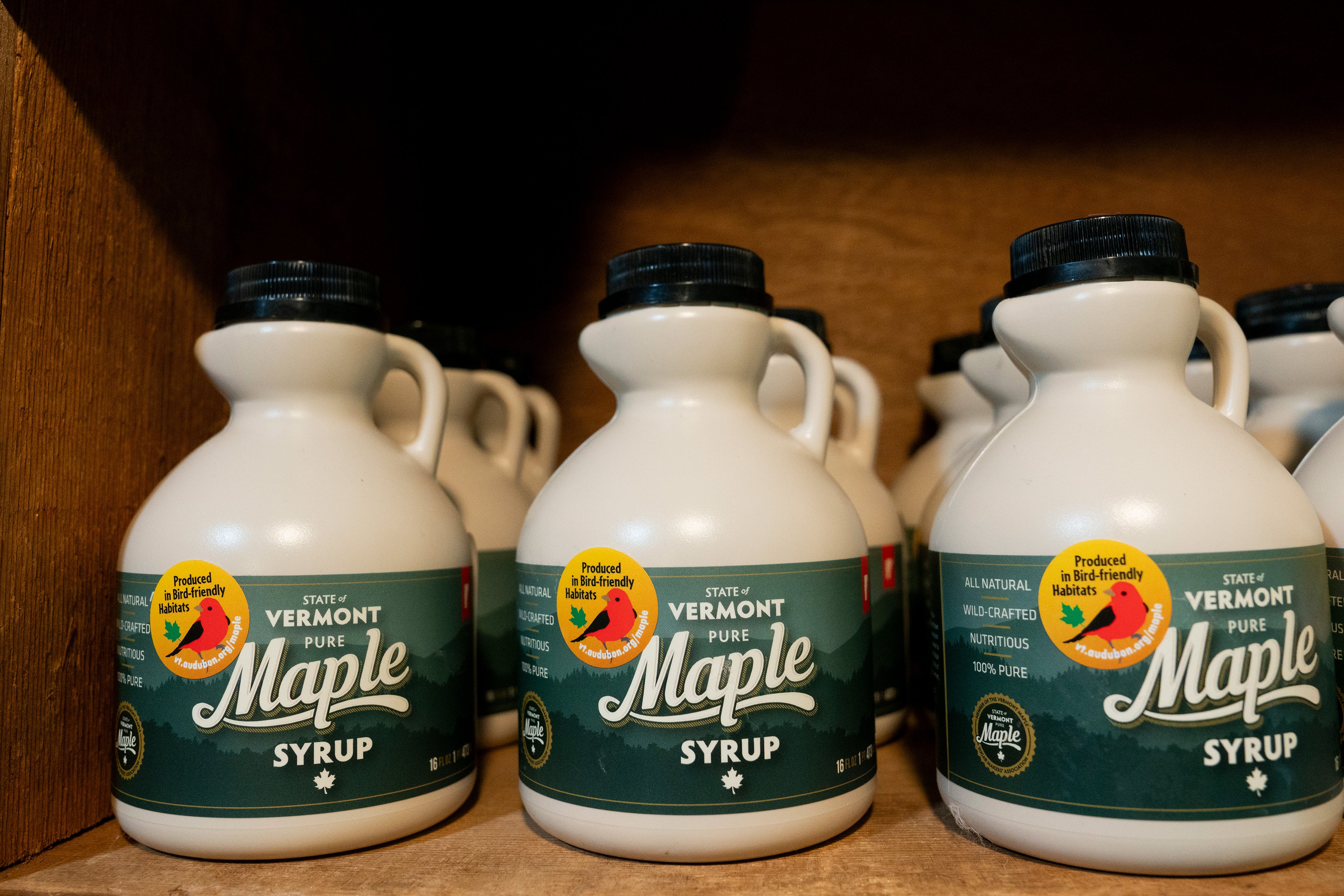 A row of jugs of maple syrup with the bird-friendly sticker.