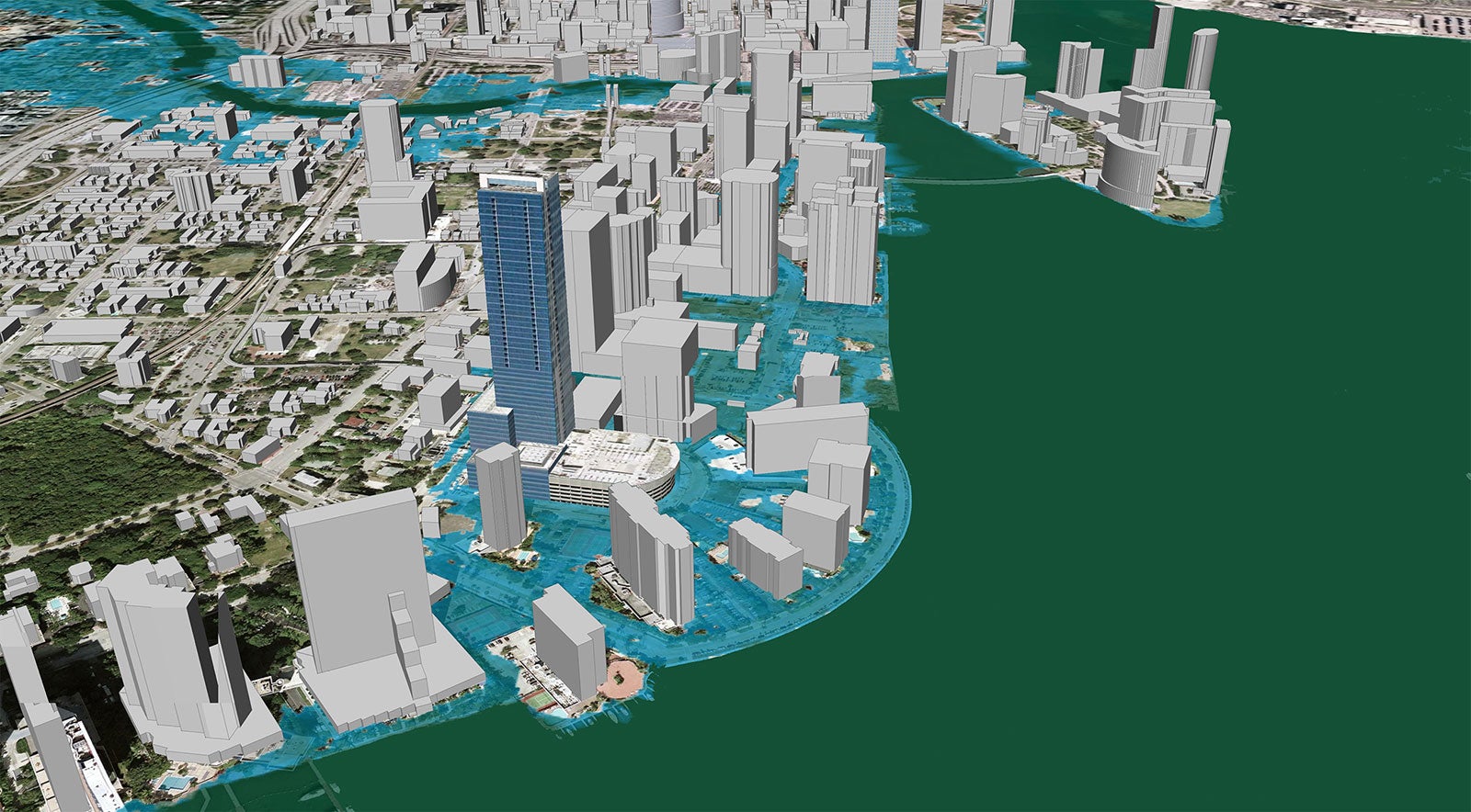 Image depicting inundation scenario in 2030 when sea level has risen one meter. Image Credit: ©2007 2030, Inc / Architecture 2030 and ©2007 Google, Inc.