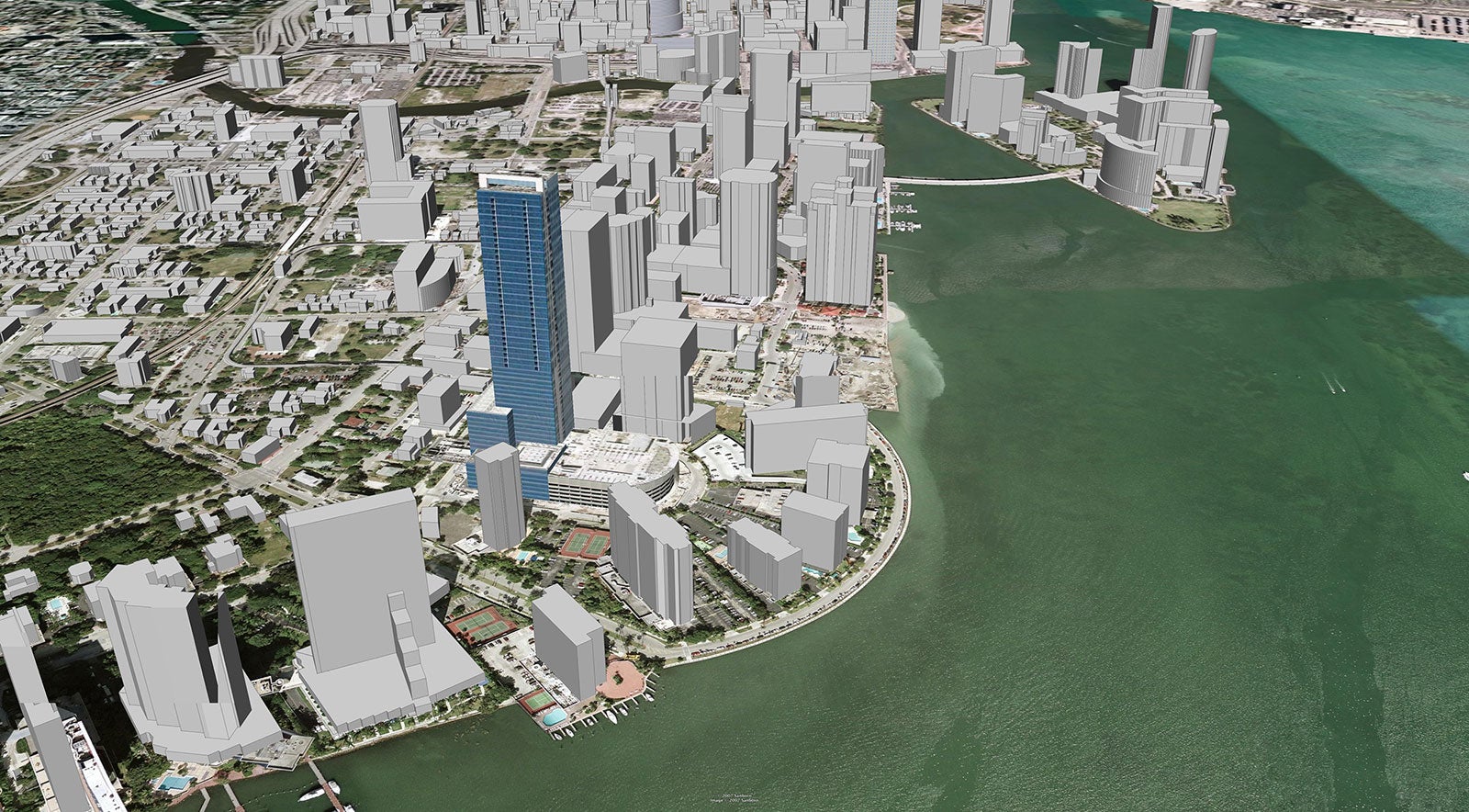 Image that shows the "existing" conditions on the Miami city coastline. Photo Credit: ©2007 Google, Inc.