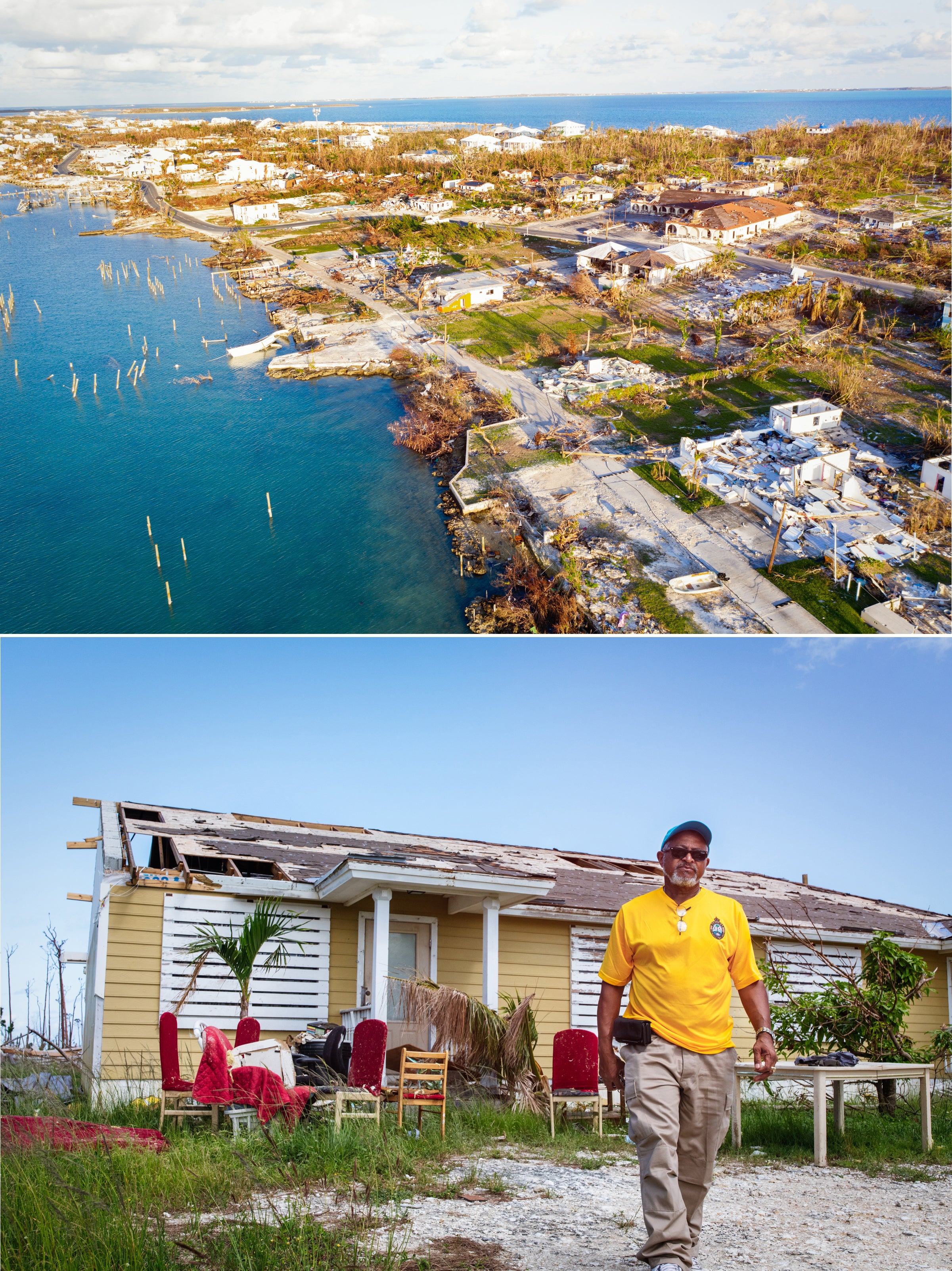 Top: The wreckage of downtown Marsh Harbour, on Great Abaco Island, more than a month after Hurricane Dorian. Bottom: Bahamas National Trust park warden David Knowles visiting the remains of his house. Mike Fernandez/Audubon