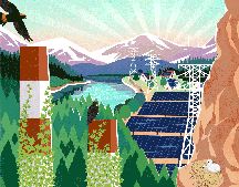 An illustration of birds nesting in a pristine landscape next to a town with solar panels and wind turbines.