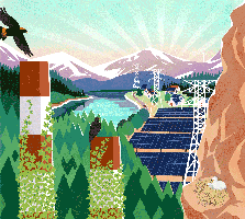 An illustration of birds nesting in a pristine landscape next to a town with solar panels and wind turbines.