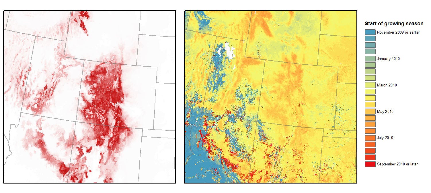 Breeding distribution of Broad-tailed Hummingbird (left) coincides with the start of the growing season (right) in that landscape. Left map: National Audubon Society, Right map: Courtesy of the U.S. Geological Survey