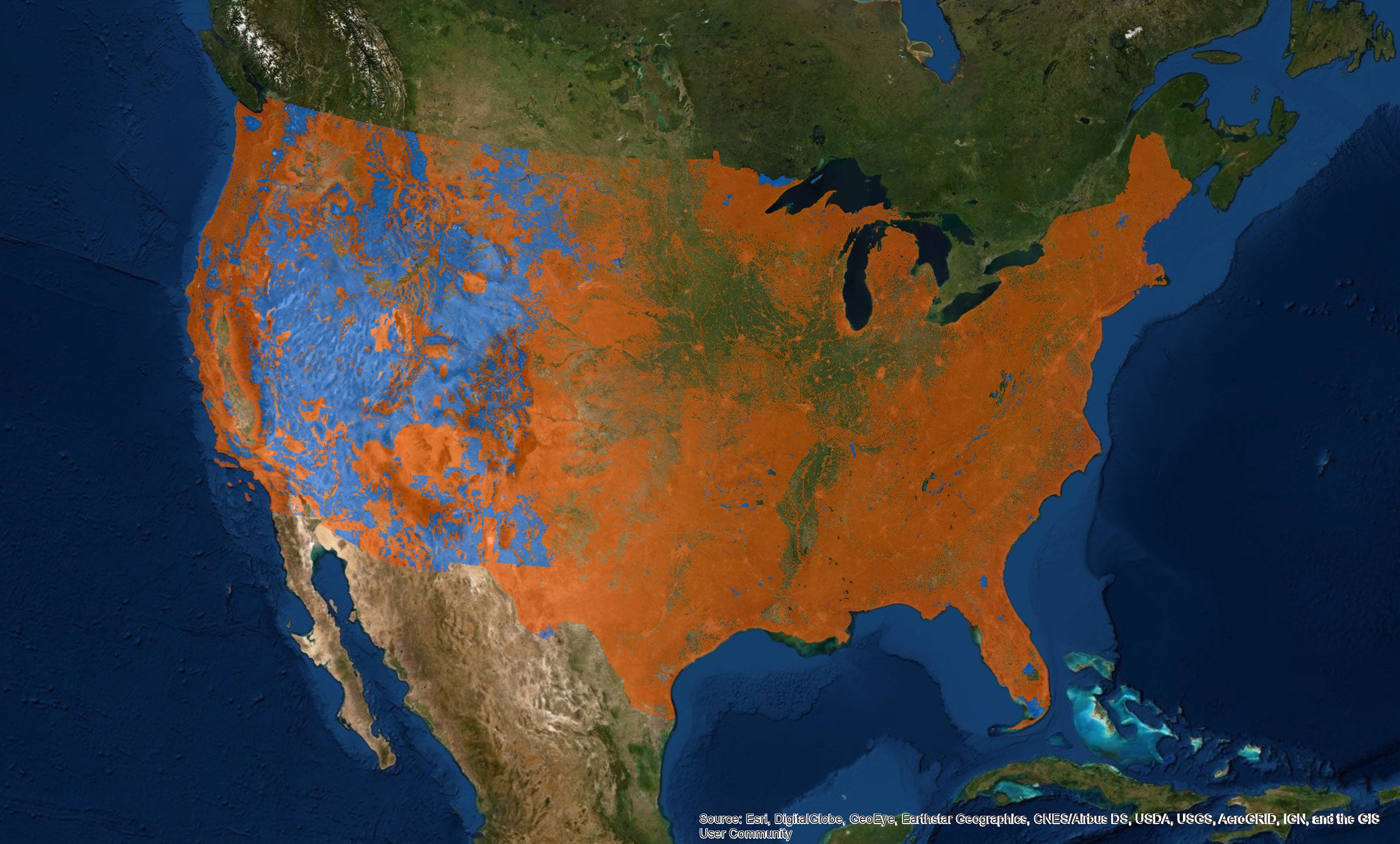 Federal lands shown in blue, private lands in red.