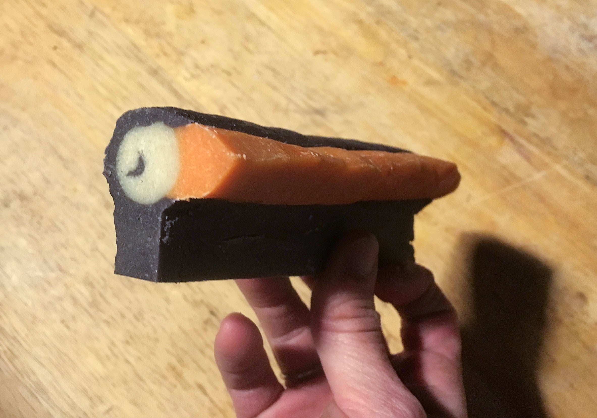A fully assembled roll of puffin heads, ready to be sliced into cookies. Susan Schubel