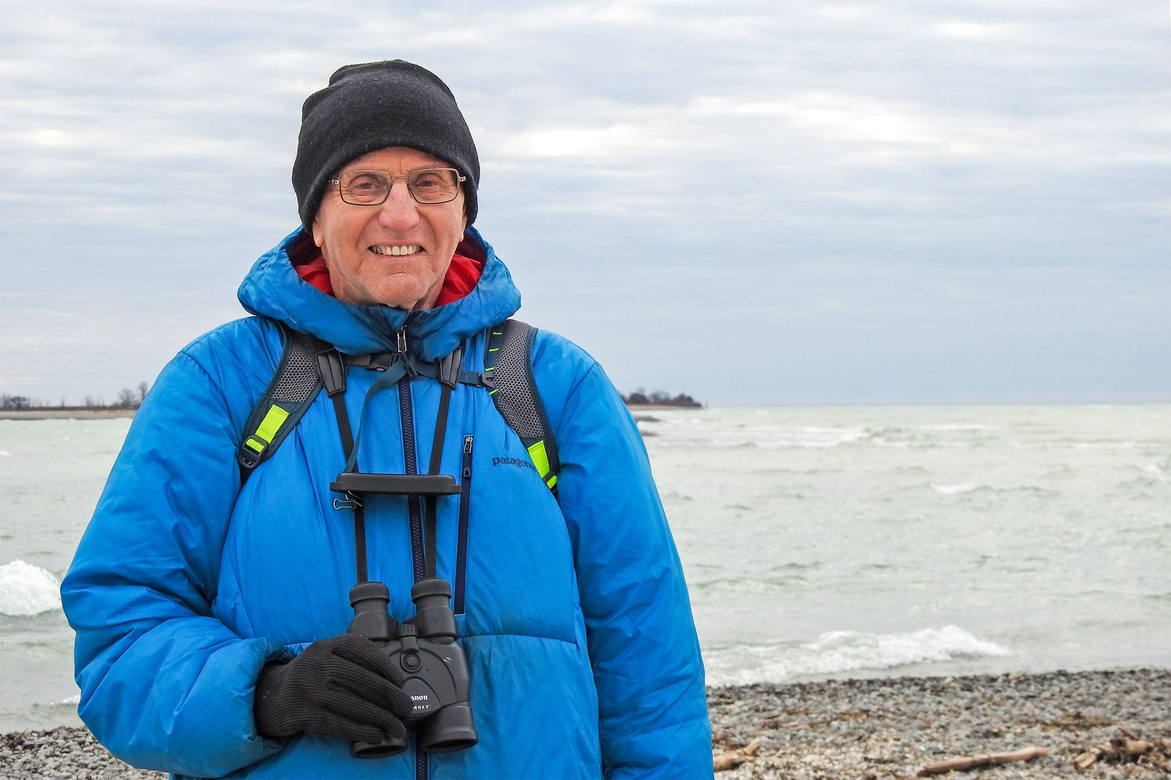 Ron Pittaway birding at Presqu’ile Provincial Park on Lake Ontario. Jean Iron