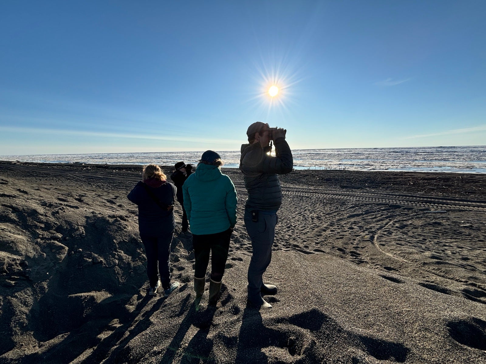 People standing on shoreline with binculars