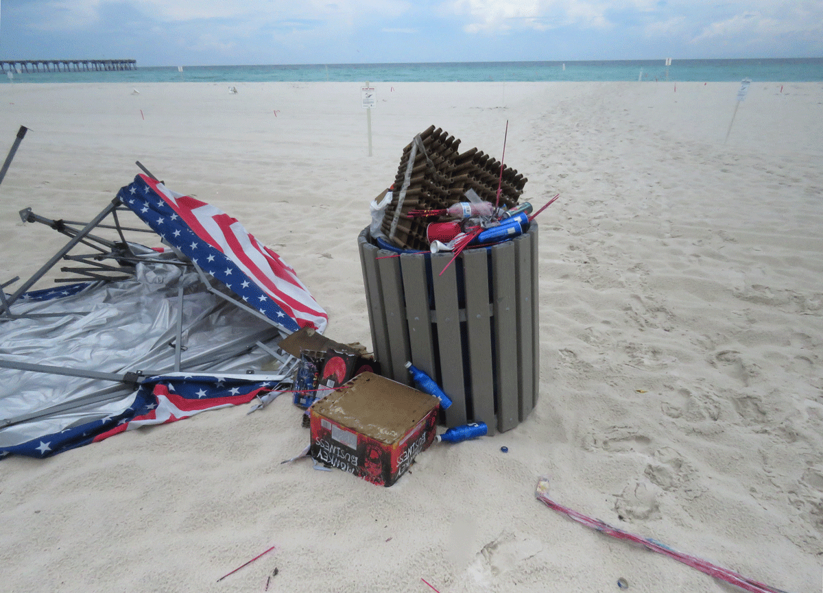 fireworks litter on the beach