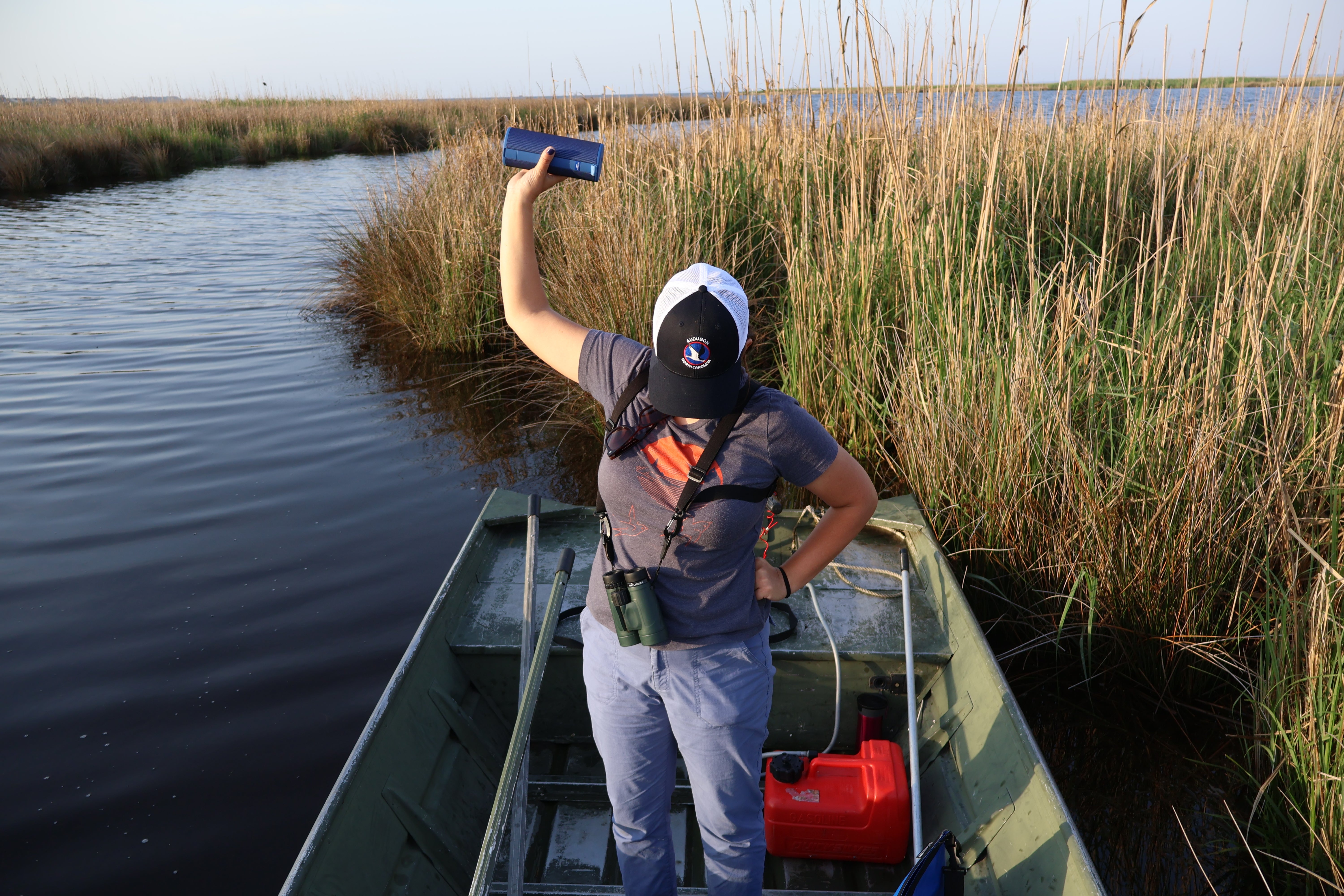 Sara Marschhauser playing callbacks during a secretive marsh bird survey. Photo: Ben Graham/Audubon