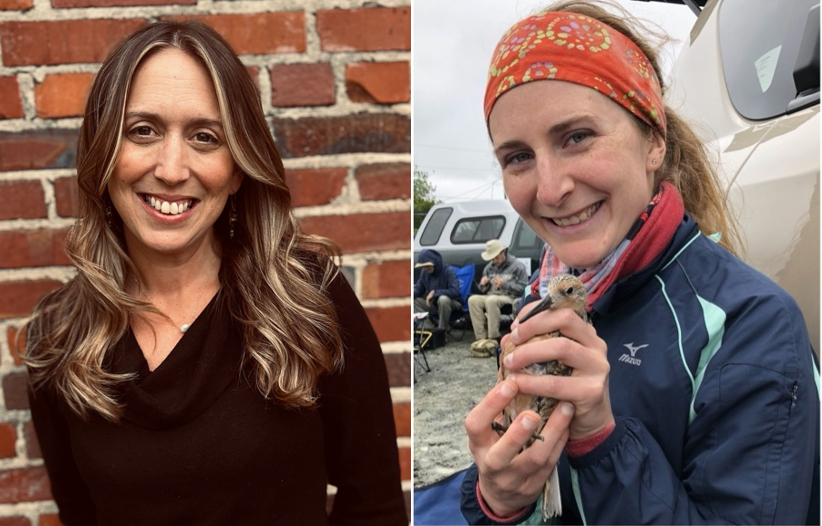 Side by photos of two smiling women, one a professional headshot and the other a candid photo of a woman on a bach holding a bird