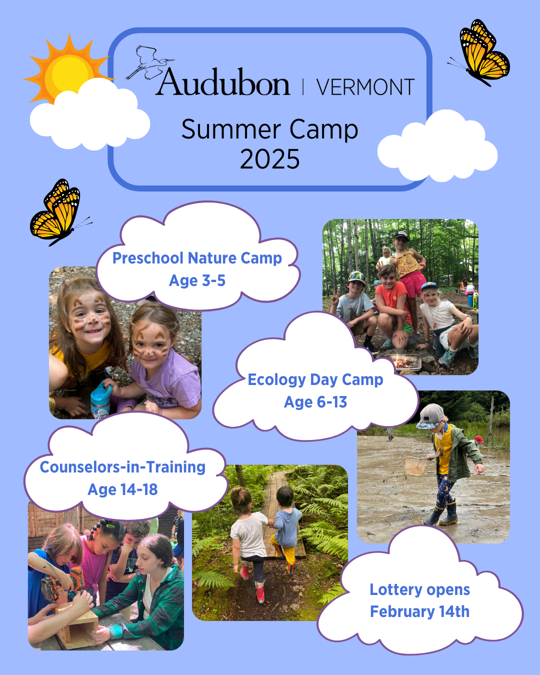 Light blue flier with several pictures of children highlighting the dates of summer camp registration