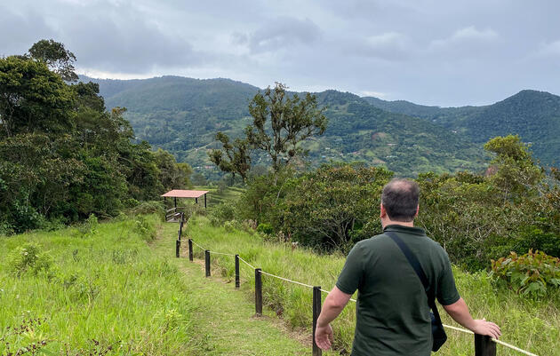 A man walks down a grassy trail in a field, towards a forested area. There is a railing made of rope to one side. We see the man from behind, and he has his hands on a rope.   