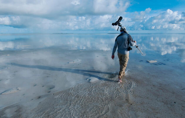 Audubon's Matt Jeffery treks across the flats after a shorebird survey at the Bahamas' new Joulter Cays National Park. Walker Golder/Audubon