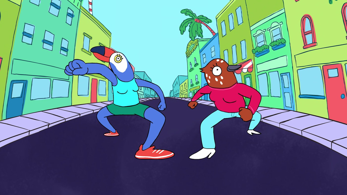 Best friends Tuca the toucan and Bertie the Song Thrush take on Bird Town and its sleazy men. Screenshot: Courtesy of Netflix