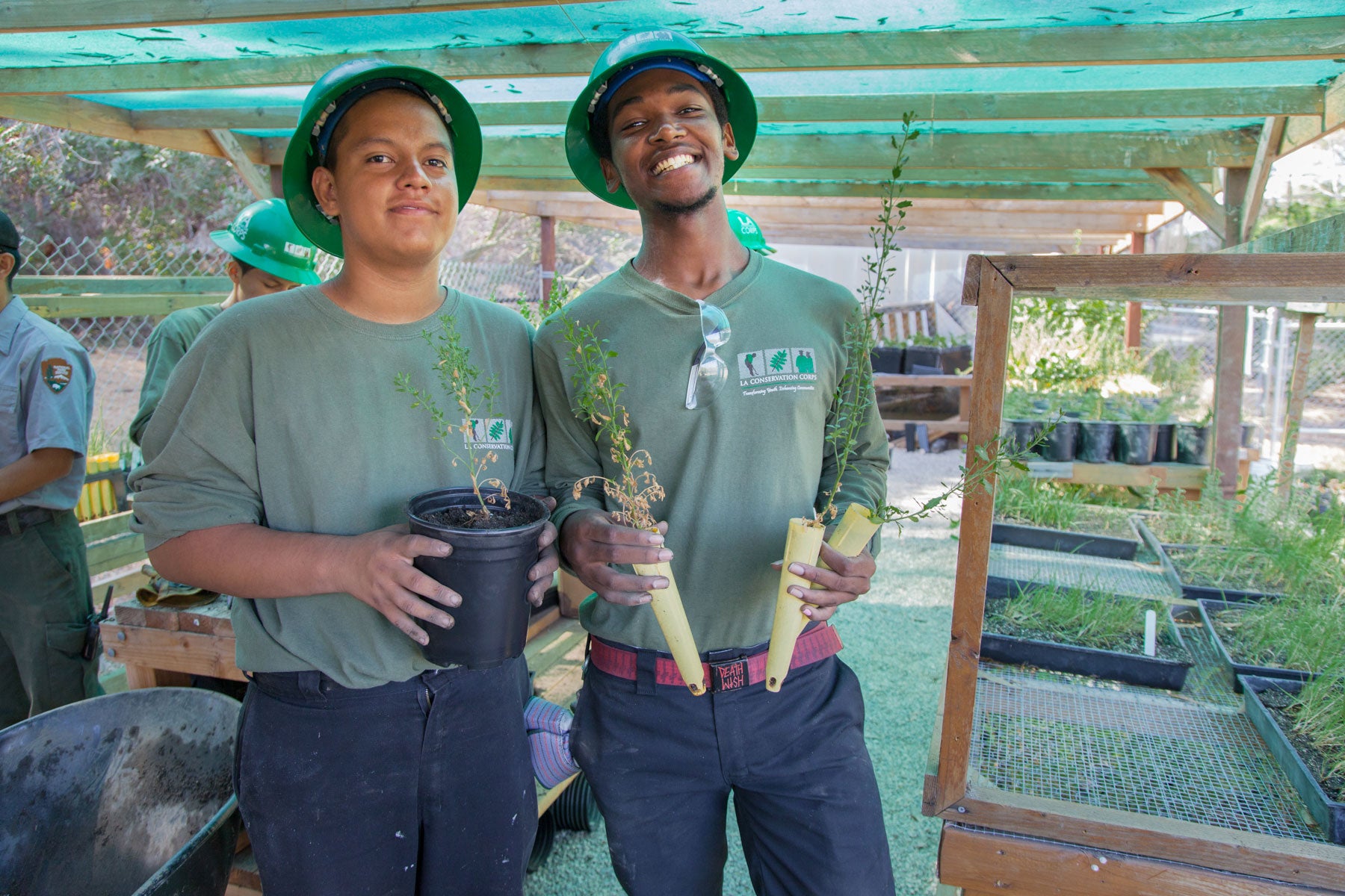 Alex Corrones and Chris Pollard working at the native plant nursery at the Audubon Center at Debs Park, Los Angeles, California. Rafael Cardenas