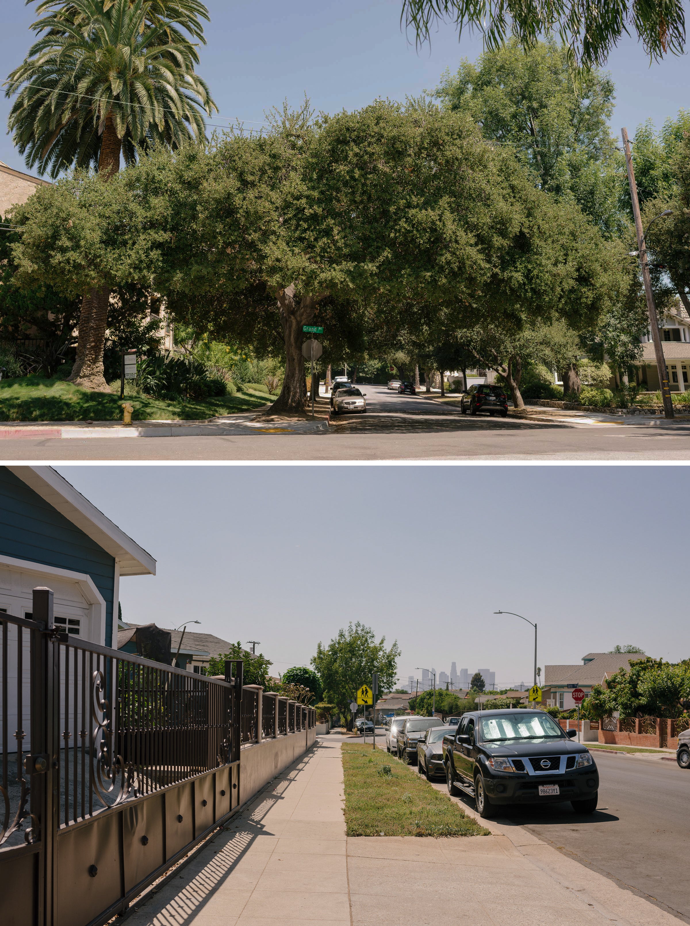 Recent research shows that affluent communities (top) in L.A. county have significantly more and larger street trees than lower-income neighborhoods. Photos: Carmen Chan
