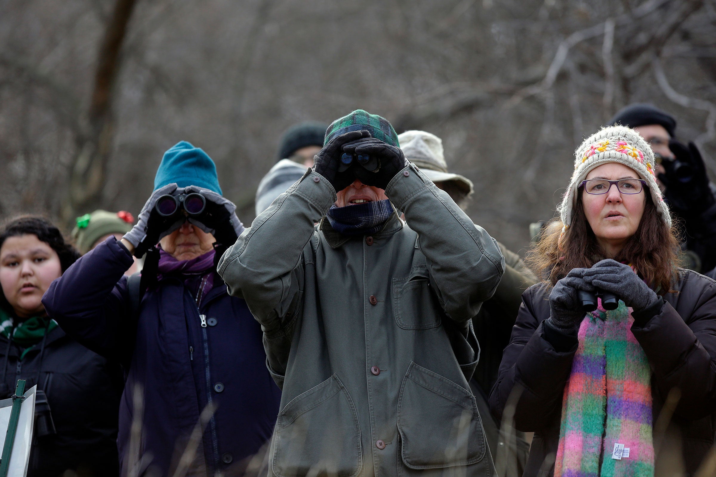 Participants look through their binoculars along Lake Michigan during the annual Christmas Bird Count. A Western Grebe and Piping Plover spotted this year were firsts for this circle. Joshua Lott
