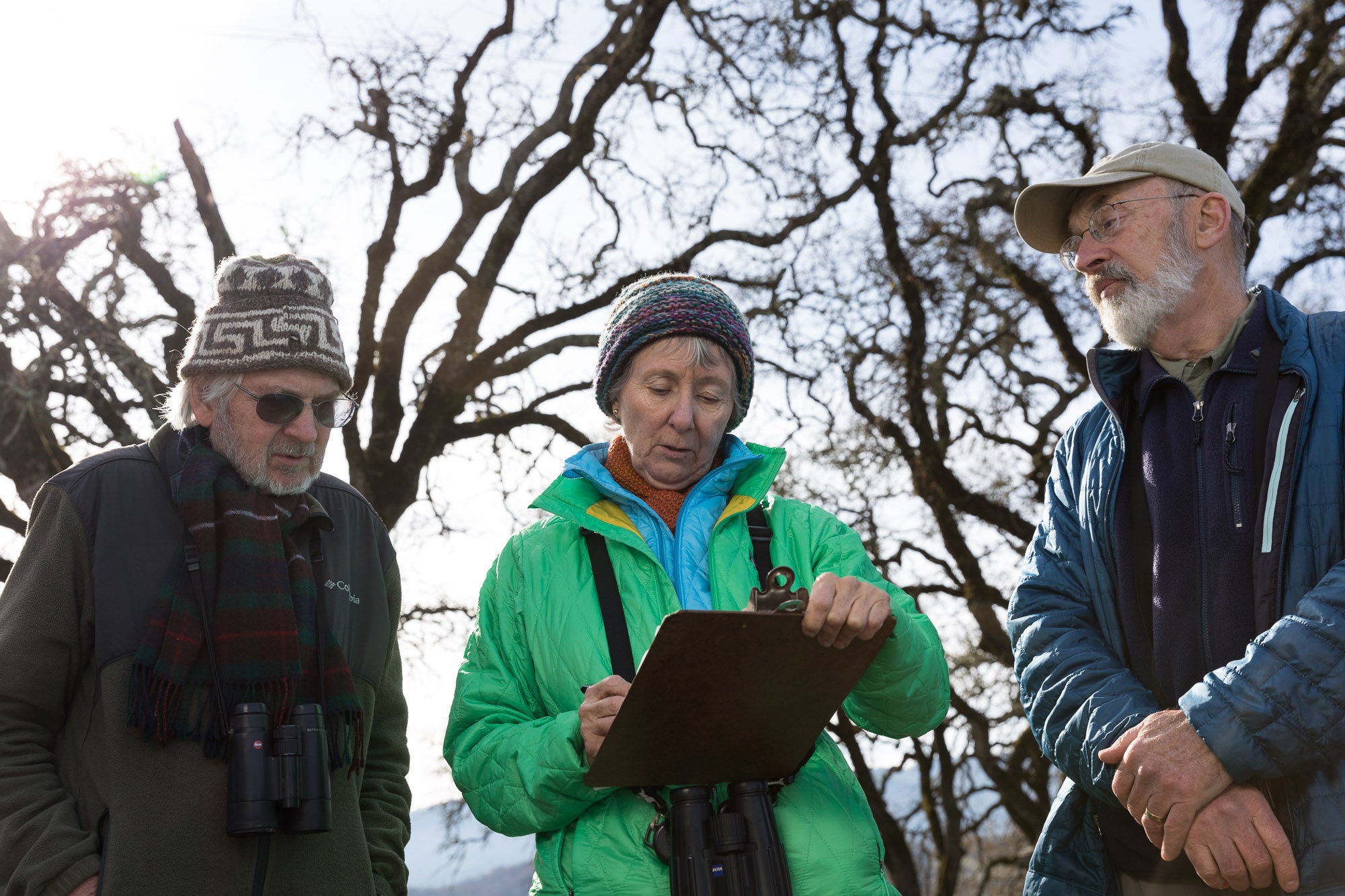 Rodney Jackson, Ann Howland, and David Leland tally birds on the border of Stone Edge Farm and Silver Cloud Vineyard. Ryan Young