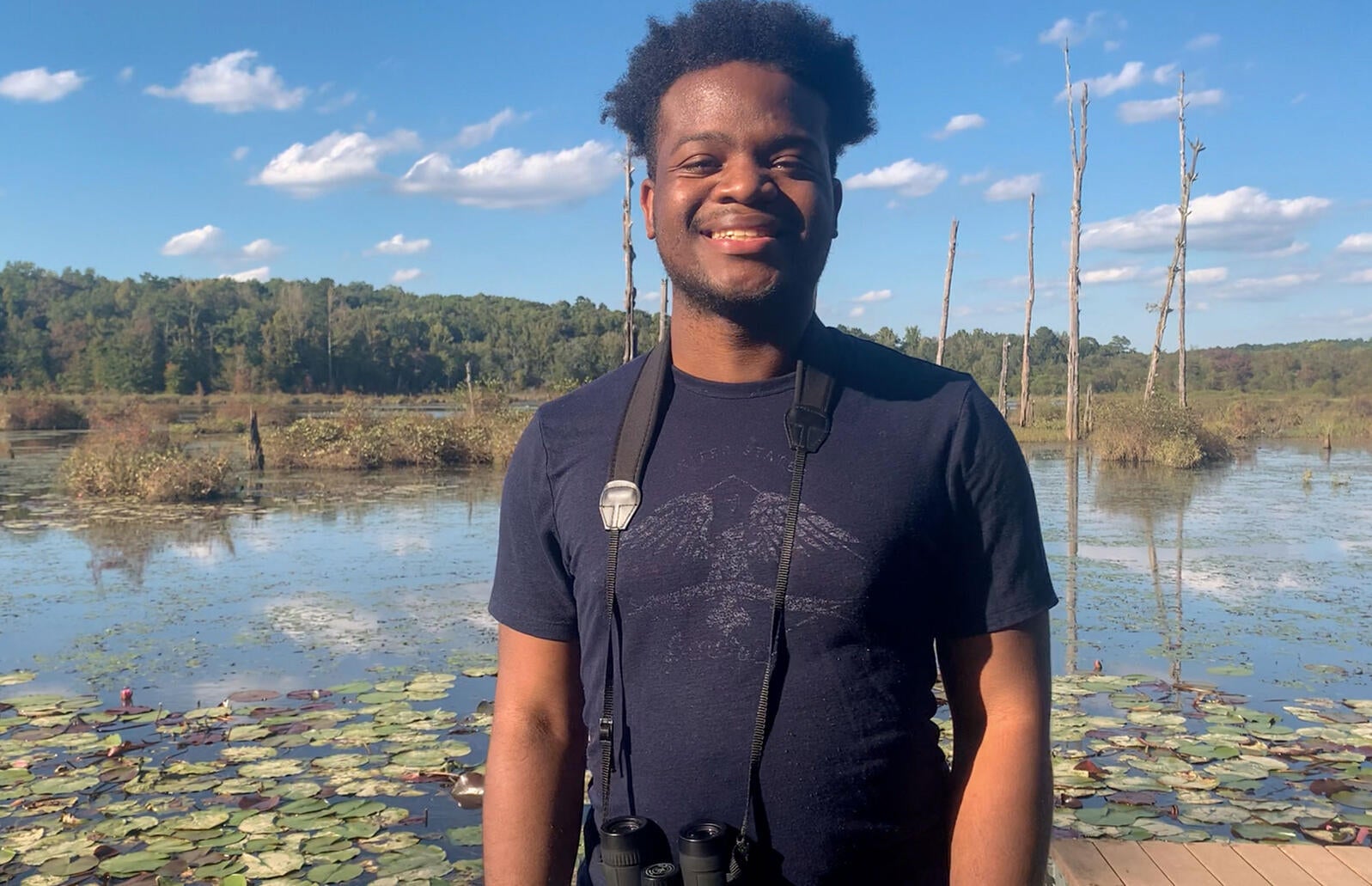 Josh Bellamy films an educational video, to be used in a virtual lesson for Audubon Southwest, at Big Haynes Creek near his home of Atlanta, Georgia. Courtesy of Josh Bellamy