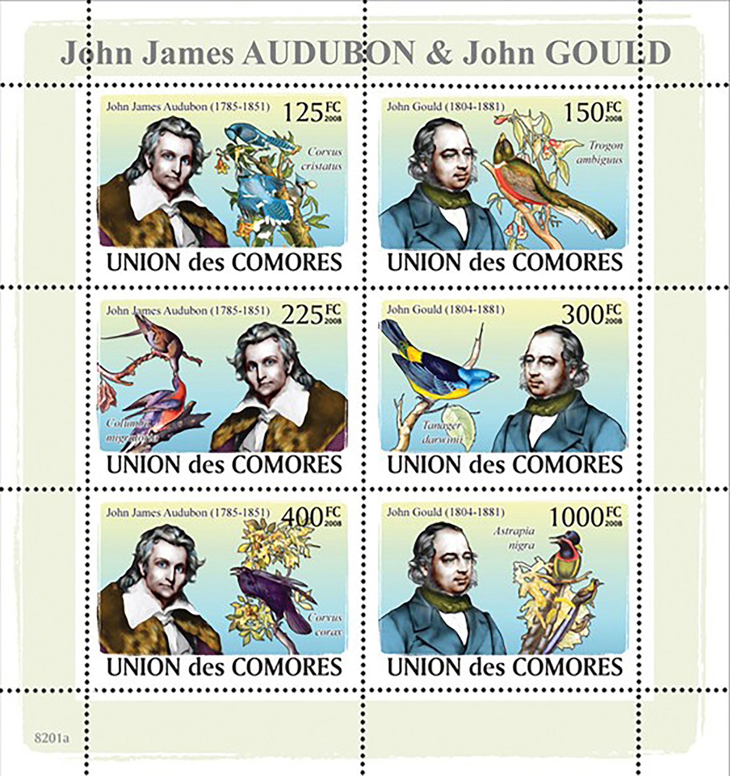 The Comoro Islands in Africa honored John James Audubon and John Gould in a series of stamps called "Ornithologists and Birds." Courtesy of World Stamp Show